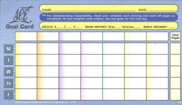 Upper Level Goal Card from Accelerated Christian Education ACE